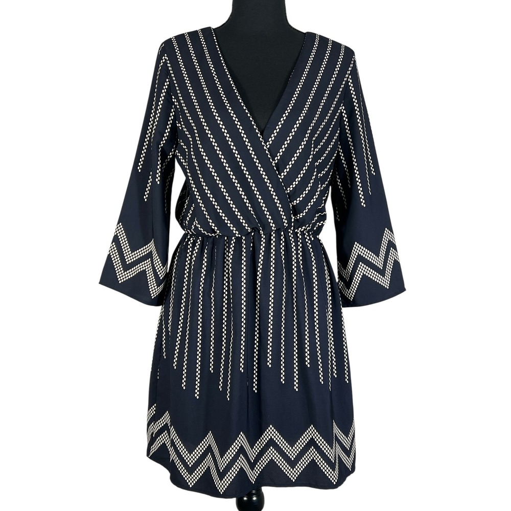 Lulus Mini Dress Navy Blue White Print V Neck 3/4 Sleeve‎ Elastic Waist Size M